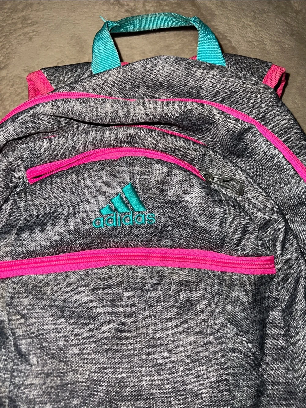 Adidas Gray School Backpack with Pink Zippers & Teal & Blue Accents